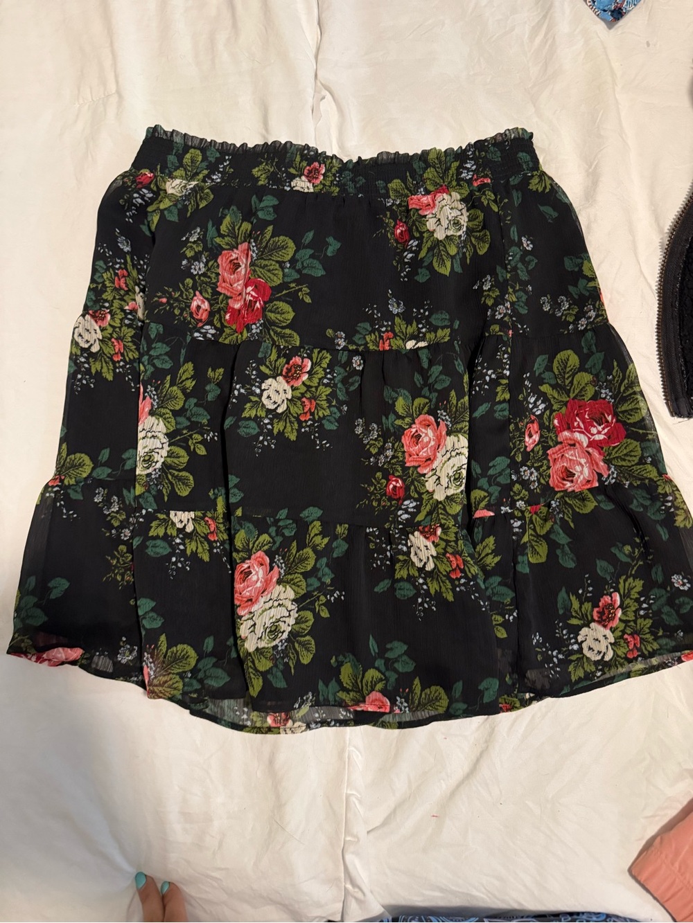 LOFT Black Floral Tiered Mini Skirt